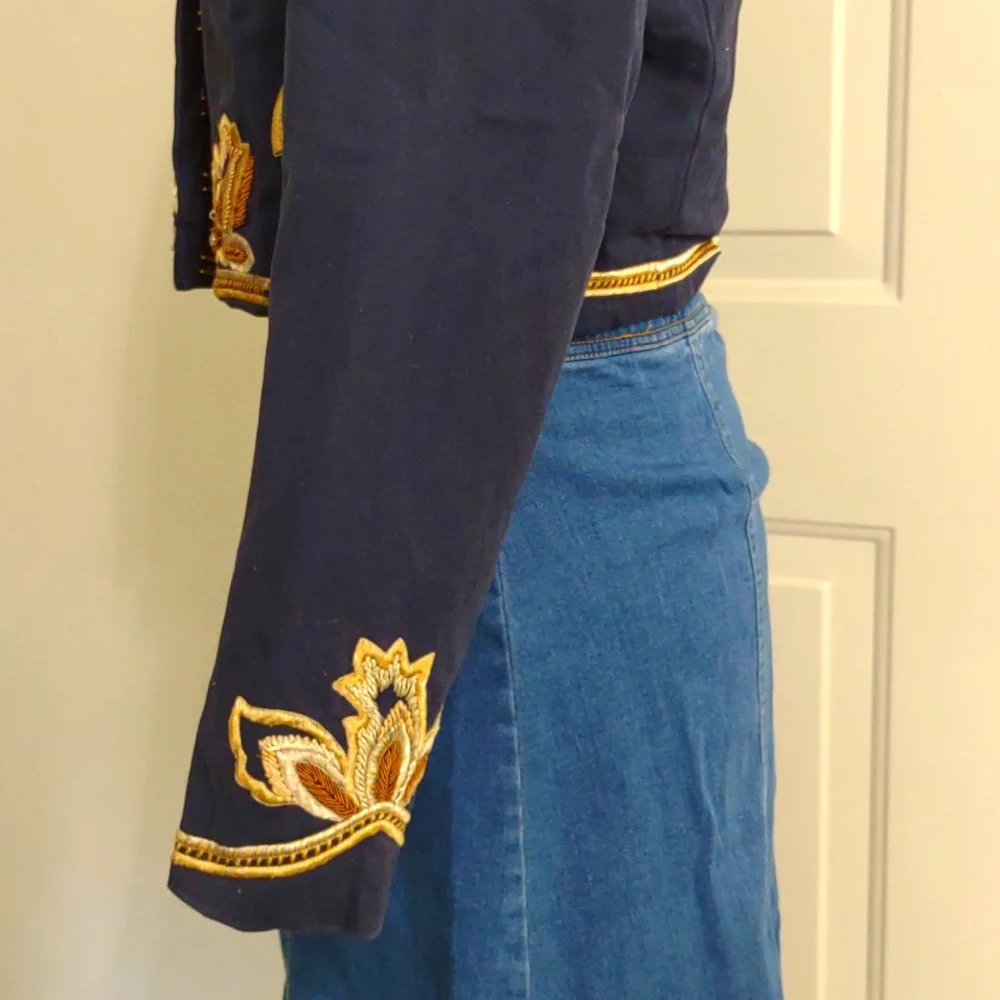 90s Cropped Hussar Jacket – Navy & Gold Statement Military Blazer - Picture 5 of 13